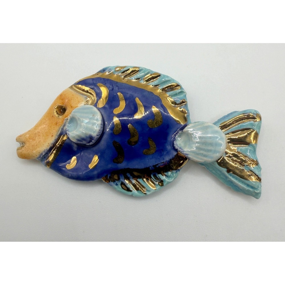 Colorful Enamel‎ Fish Brooch 2.75" Blue Gold Statement Pin Artisan Style